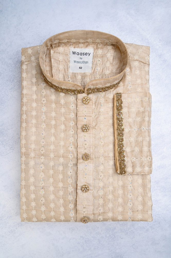 Beige Panjabi with Gold Embroidered Accents